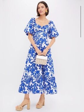 Tuckernuck Hyacinth House Seaport Midi Dress XS Blue Floral Puff Sleeve